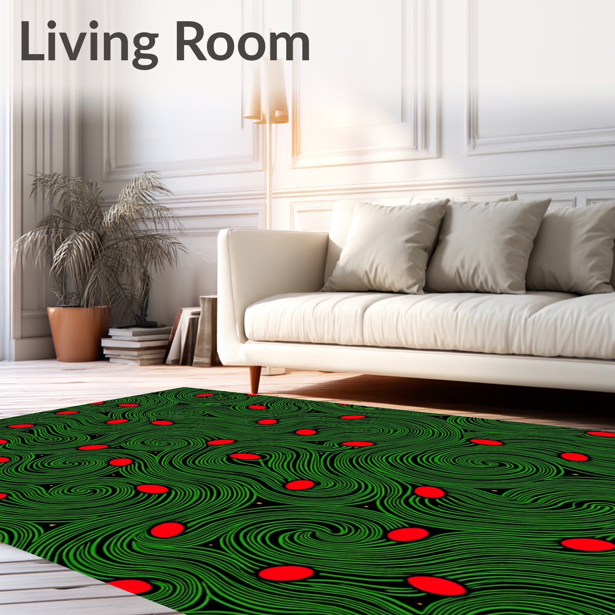 Green Swirl Pattern with Red Dots Rug