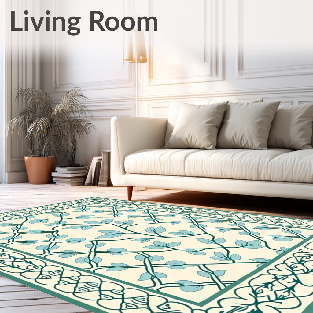 Cream Teal Vine Intertwined Lattice Rug