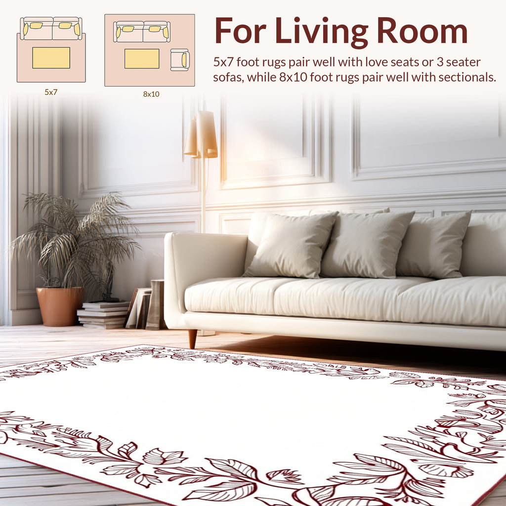 Ornate Floral Border Design With Leaves Rug