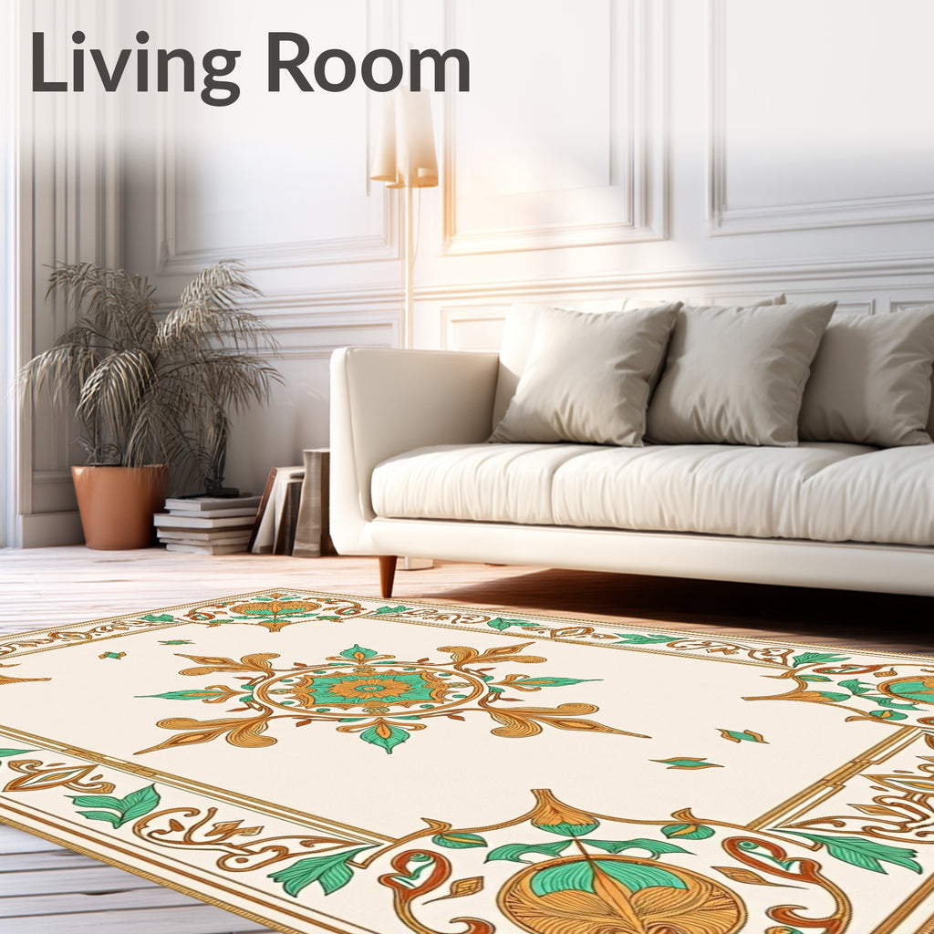 Golden Teal Floral Medallion Border Rug