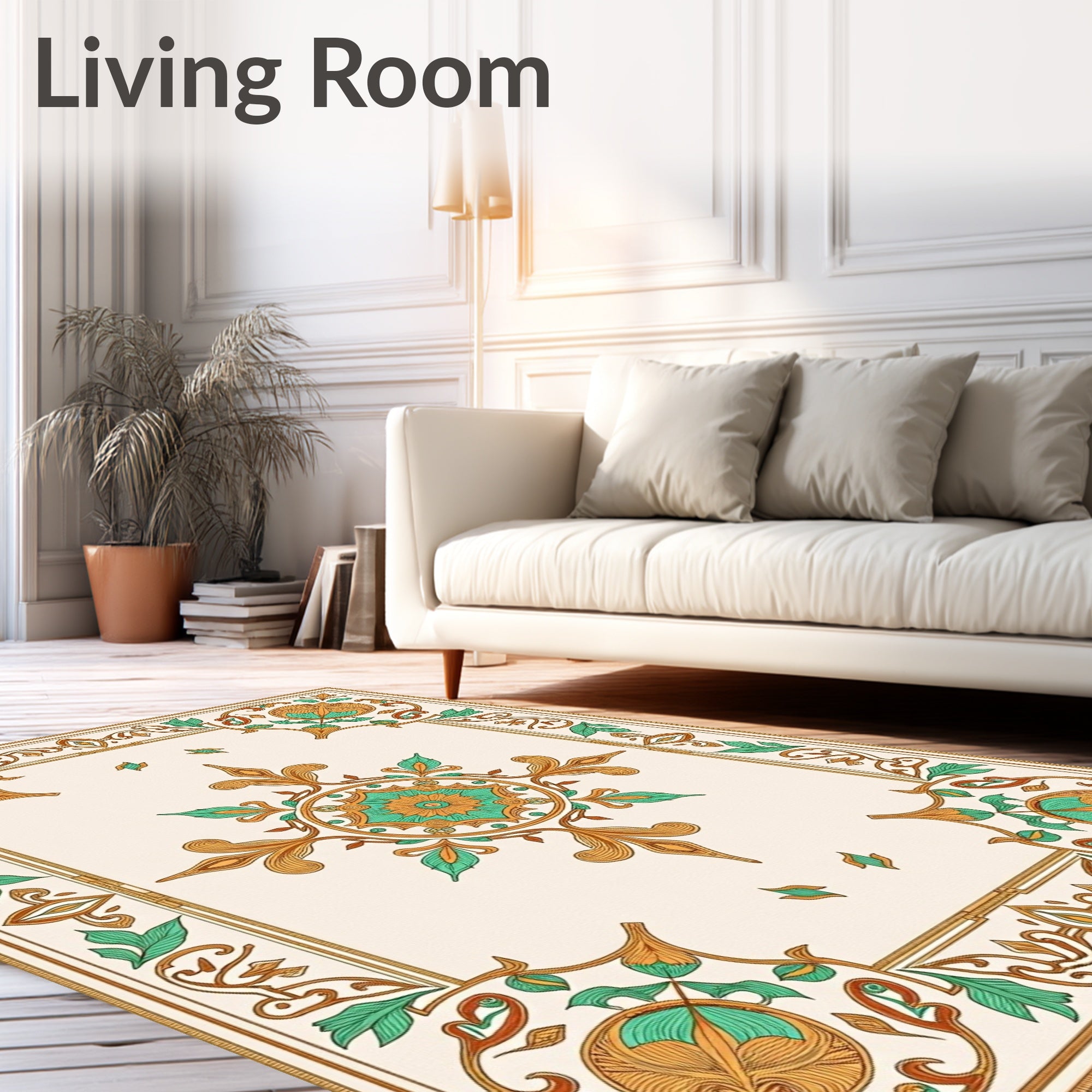 Golden Teal Floral Medallion Border Rug