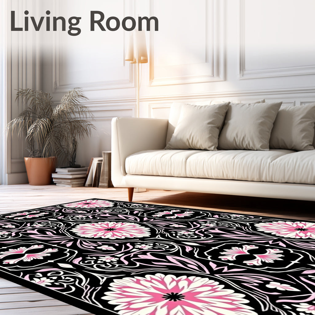 Ornate Pink Floral Black Garden Rug