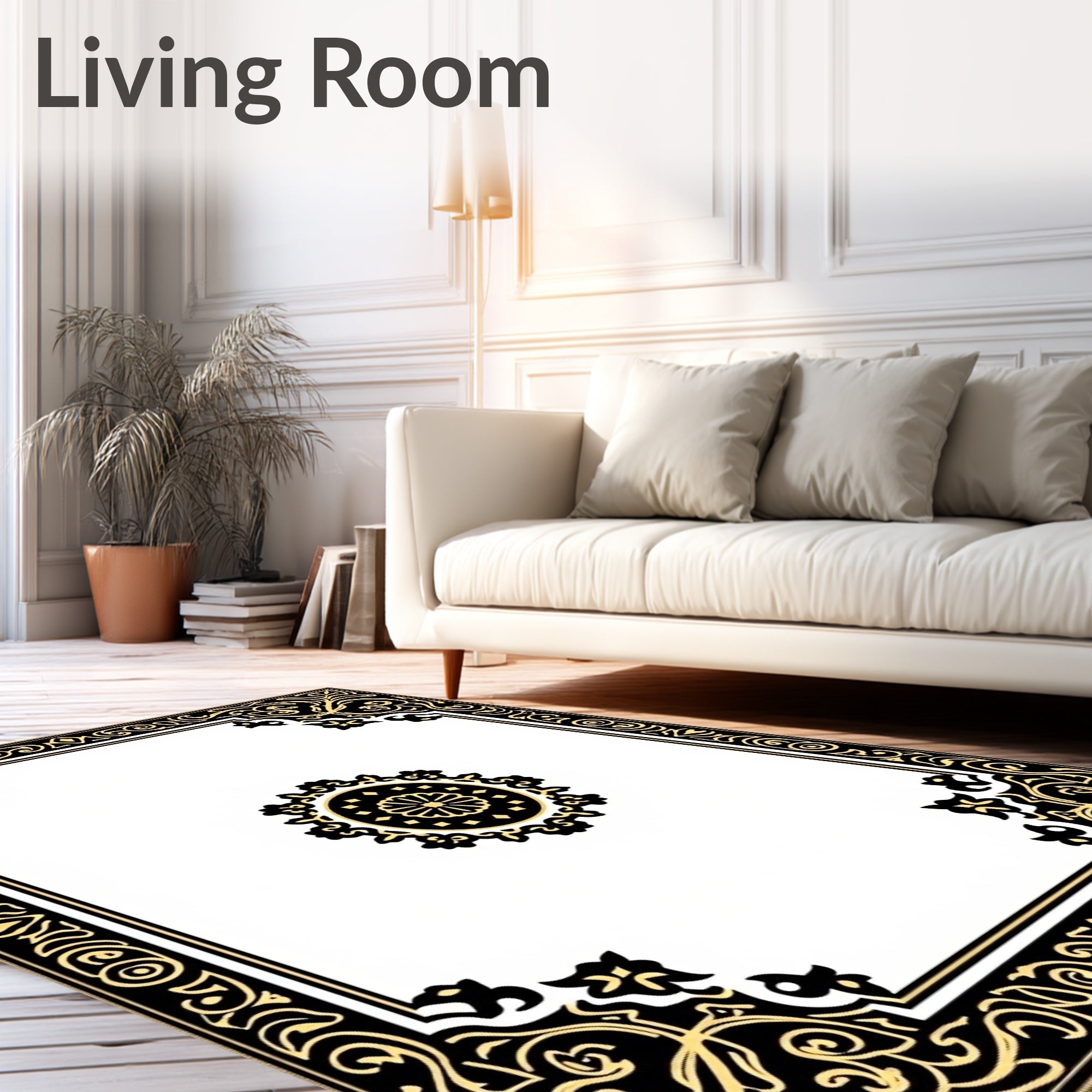 Ornate Black and Gold Floral Border Rug
