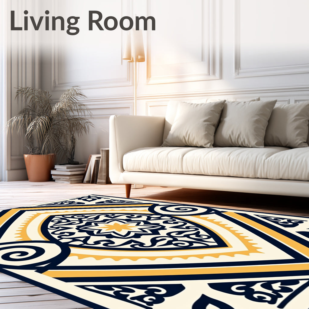 Navy Gold Geometric Floral Medallion Rug