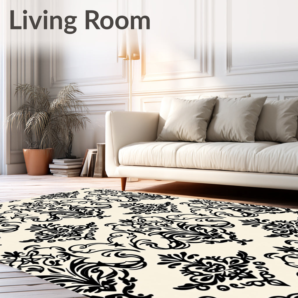 Classic Black Floral Damask Pattern Rug