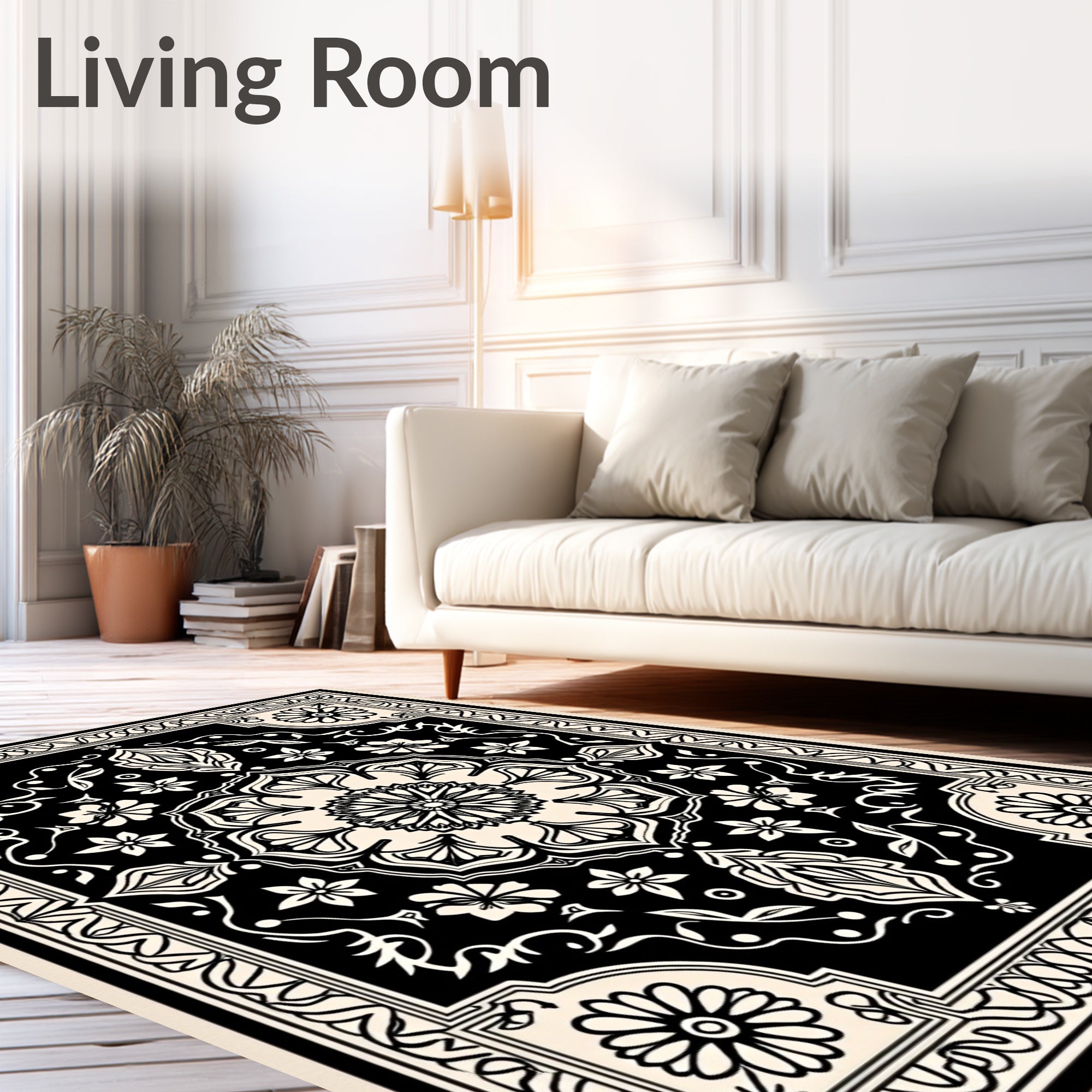 Black Floral Motif Mandala Design Rug