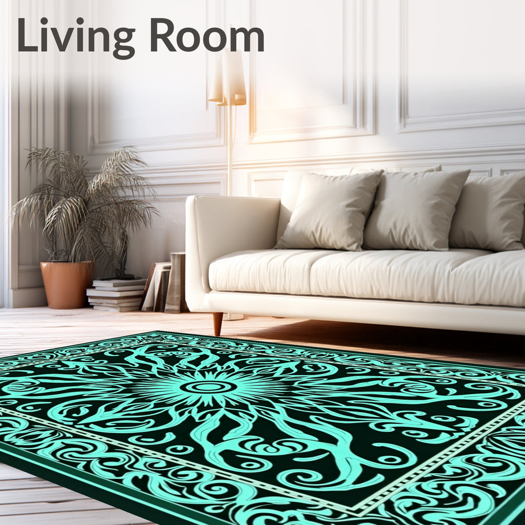 Ornate Teal Sunburst Pattern Design Rug
