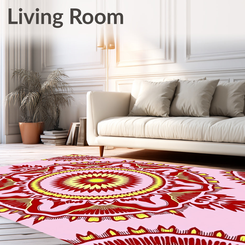 Red Yellow Sunburst Mandala Pattern Rug