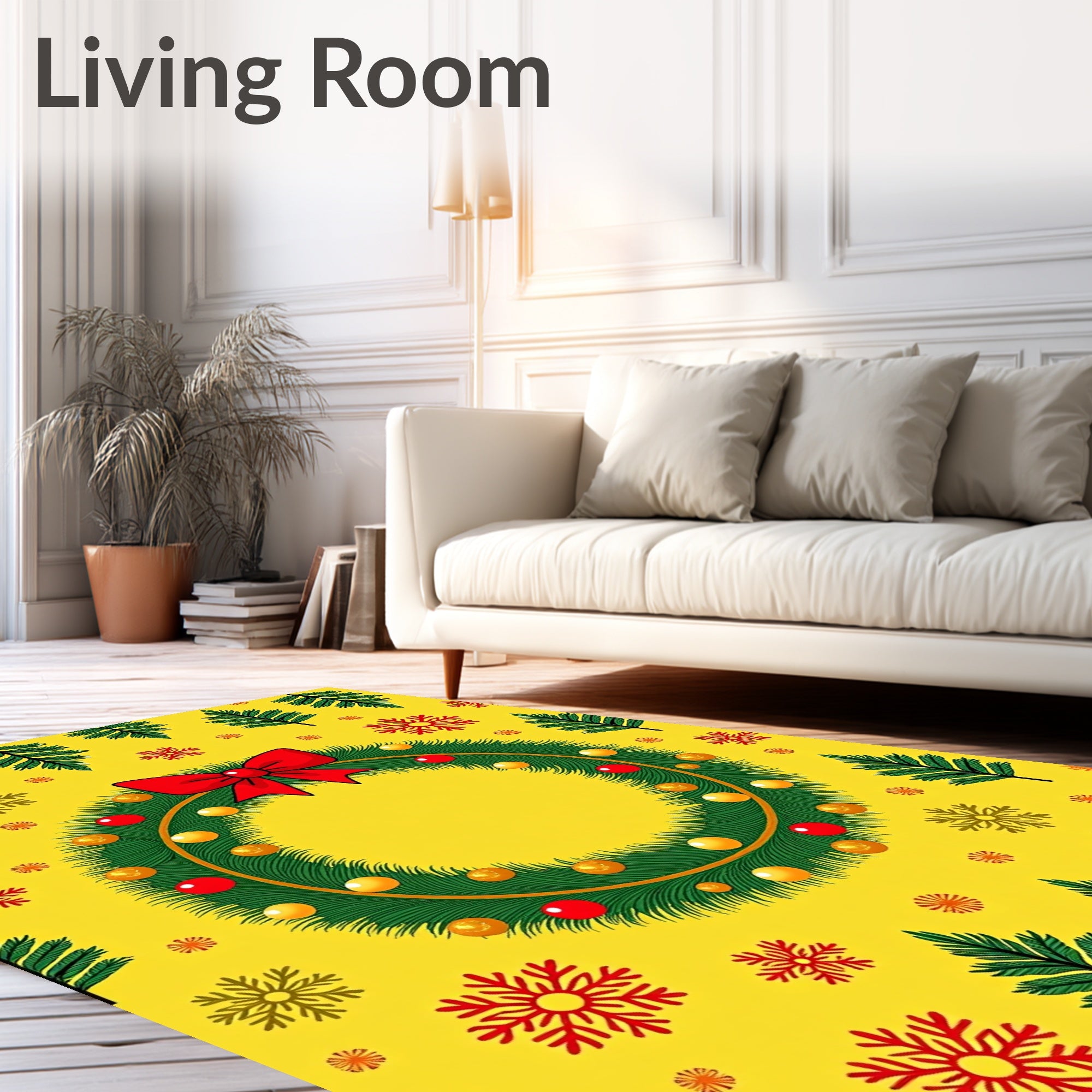 Festive Christmas Wreath Red Bow Snowflakes Rug