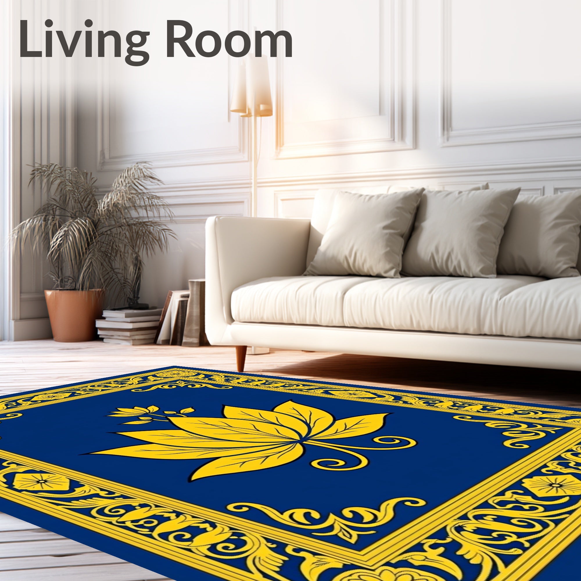 Royal Blue Gold Floral Lotus Rug