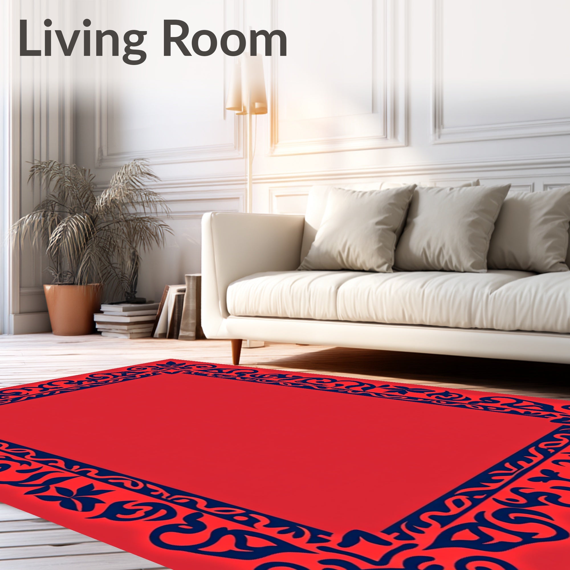 Ornate Red And Blue Floral Border Design Rug