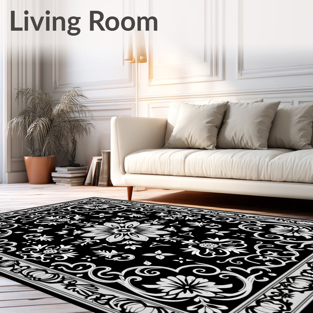 Classic Black White Floral Border Design Rug