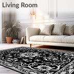 Classic Black White Floral Border Design Rug