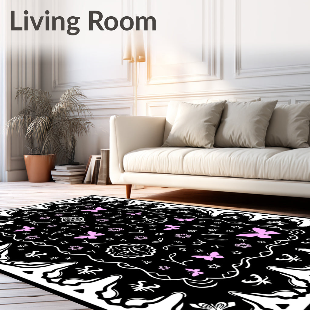 Whimsical Pink Butterfly Botanical Pattern Rug