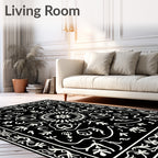 Black White Floral Medallion Design Rug