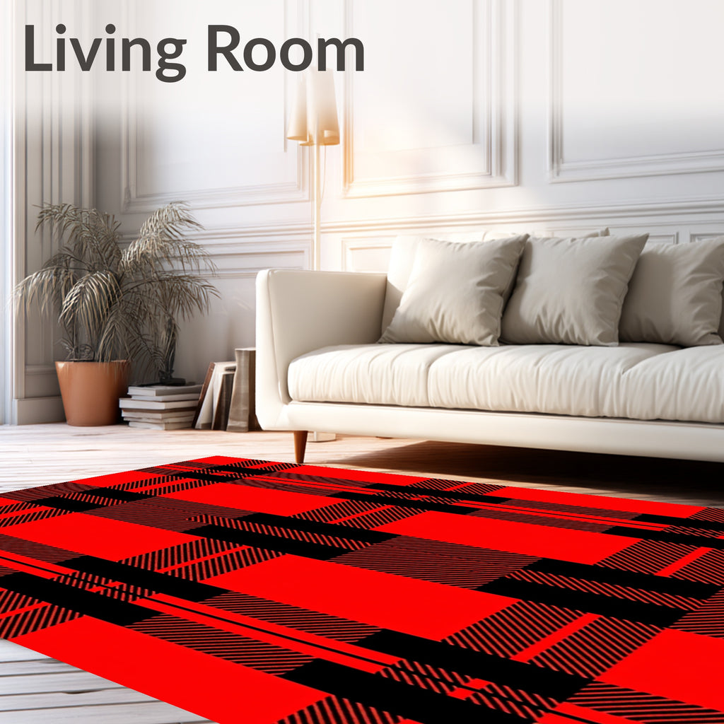 Bold Red Black Plaid Pattern Rug