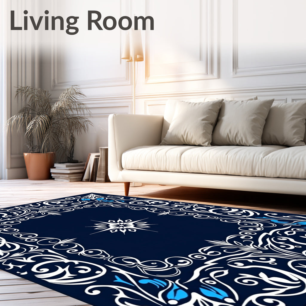 Ornate Blue White Floral Scrollwork Rug