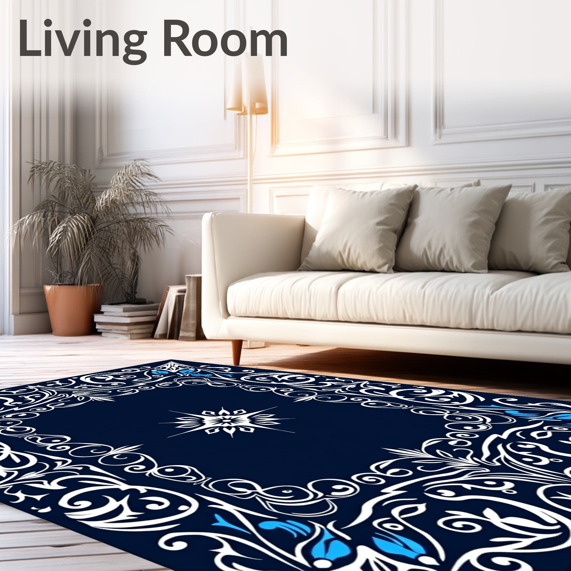 Ornate Blue White Floral Scrollwork Rug