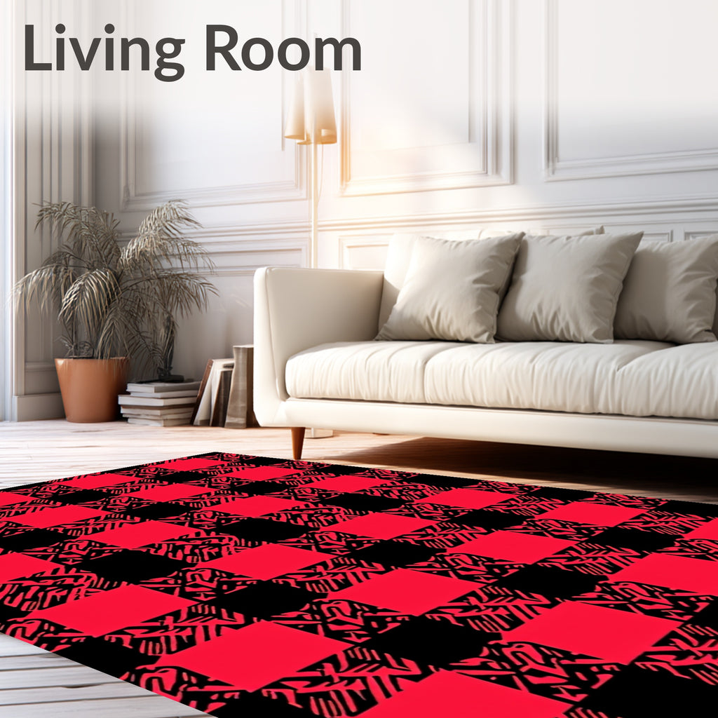 Red and Black Abstract Buffalo Check Design Rug