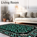 Black Aqua Intricate Floral Border Rug