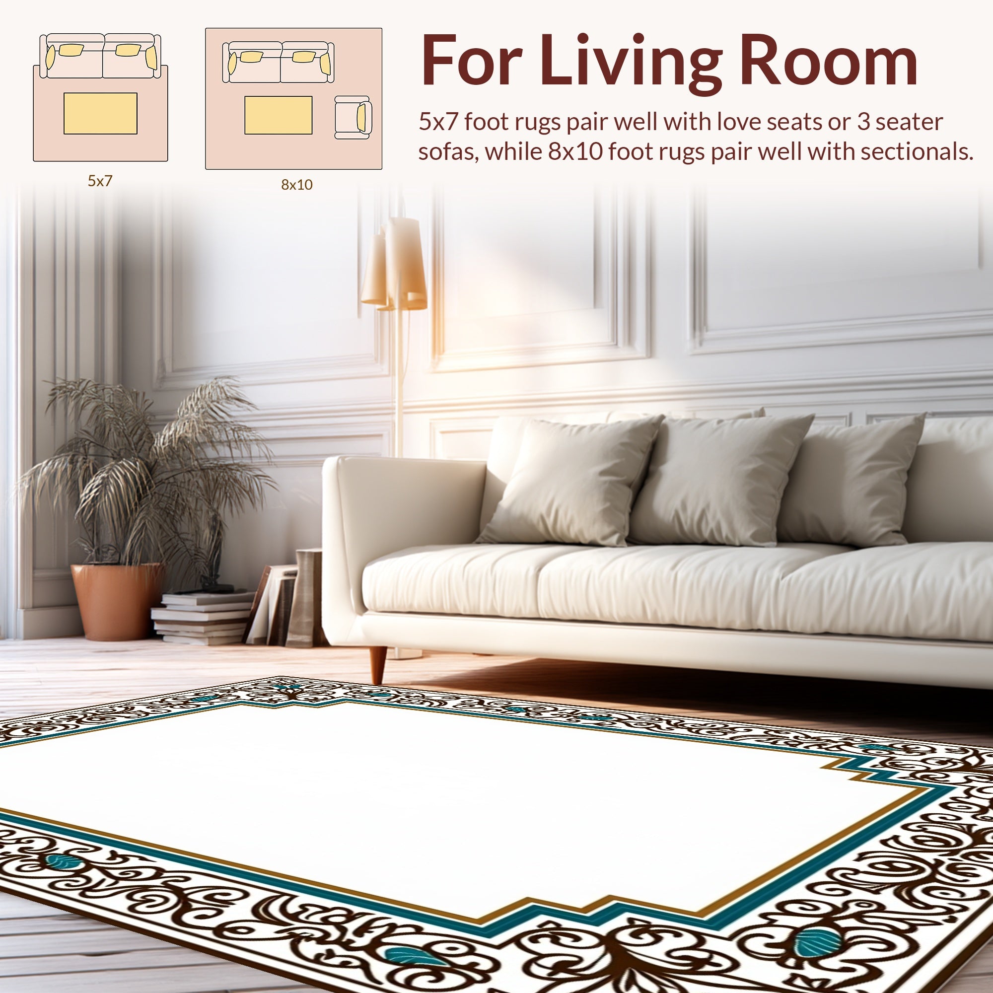 Dark Teal Brown Floral Scroll Border Rug