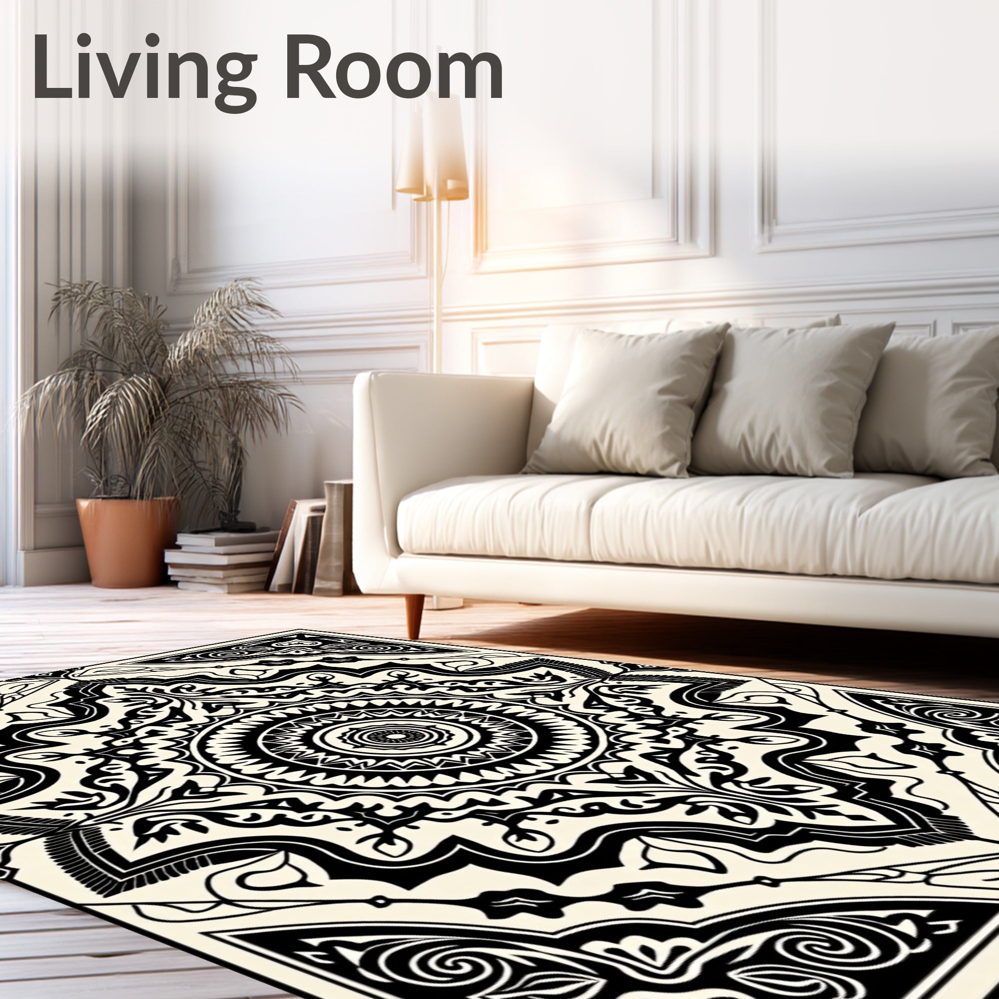 Intricate Black Mandala Symmetry Pattern Rug