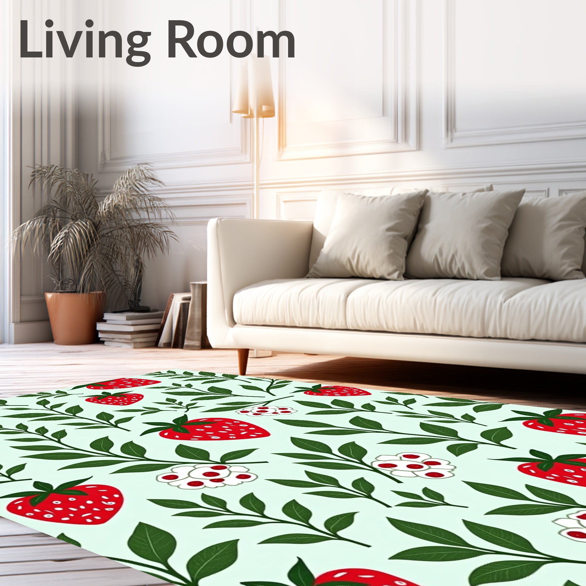 Red Strawberry Green Leaf Nature Print Rug