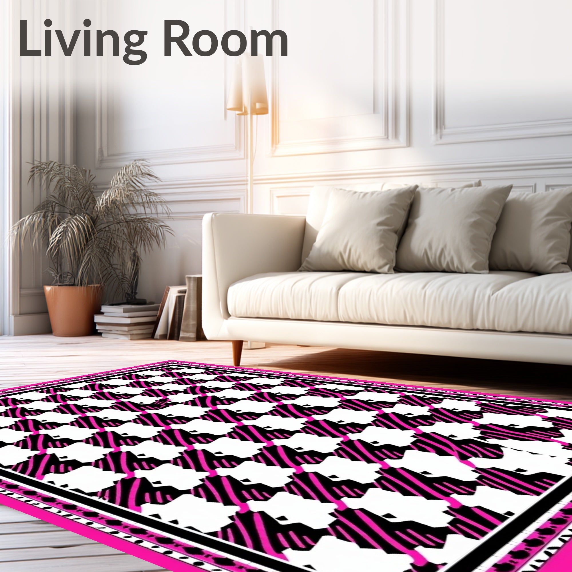 Bold Black Pink Houndstooth Pattern Rug