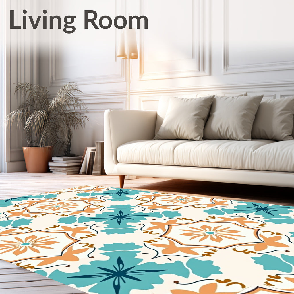 Intricate Teal Orange Tile Inspired Pattern Rug