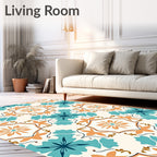 Intricate Teal Orange Tile Inspired Pattern Rug