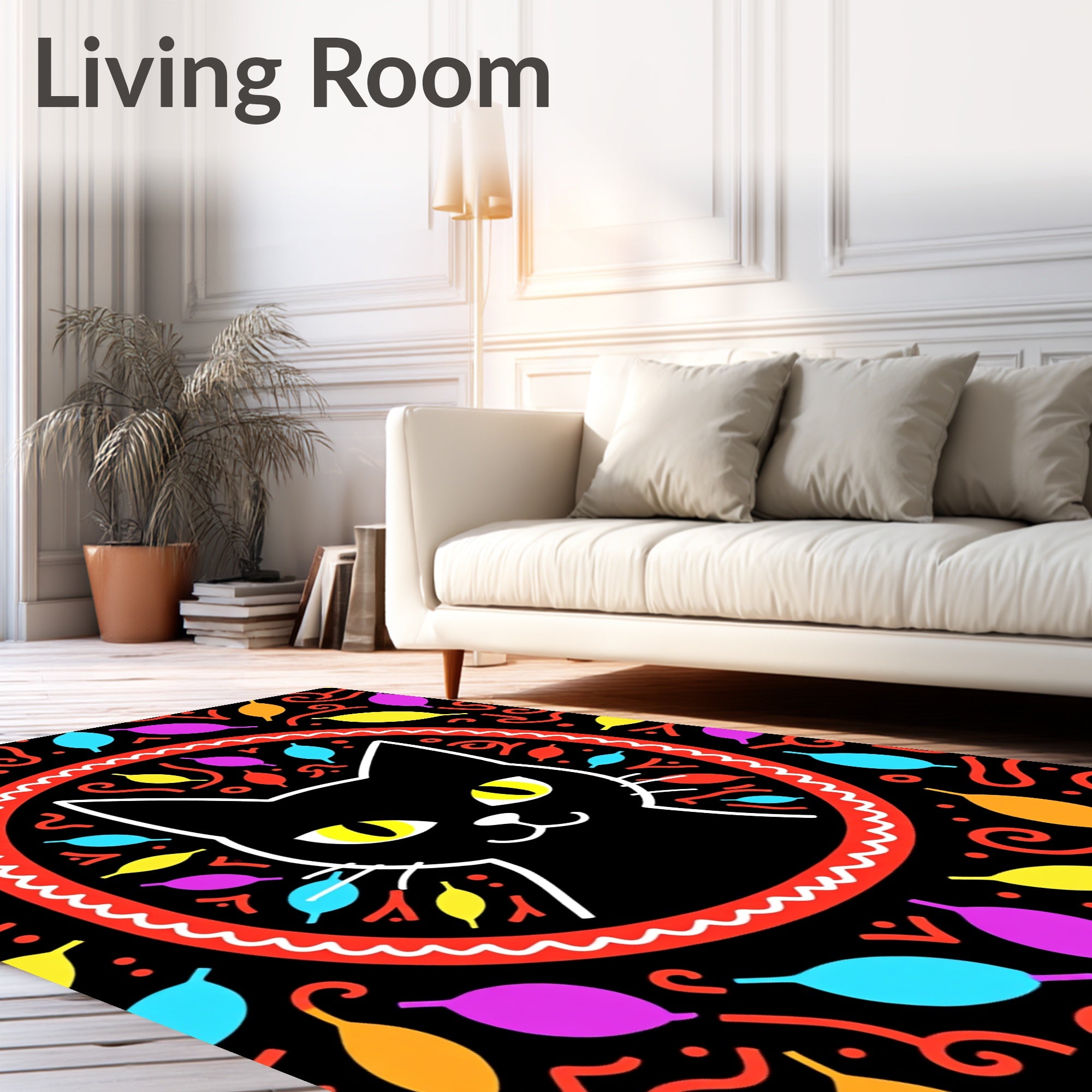 Black Cat Colorful Whimsical Art Rug