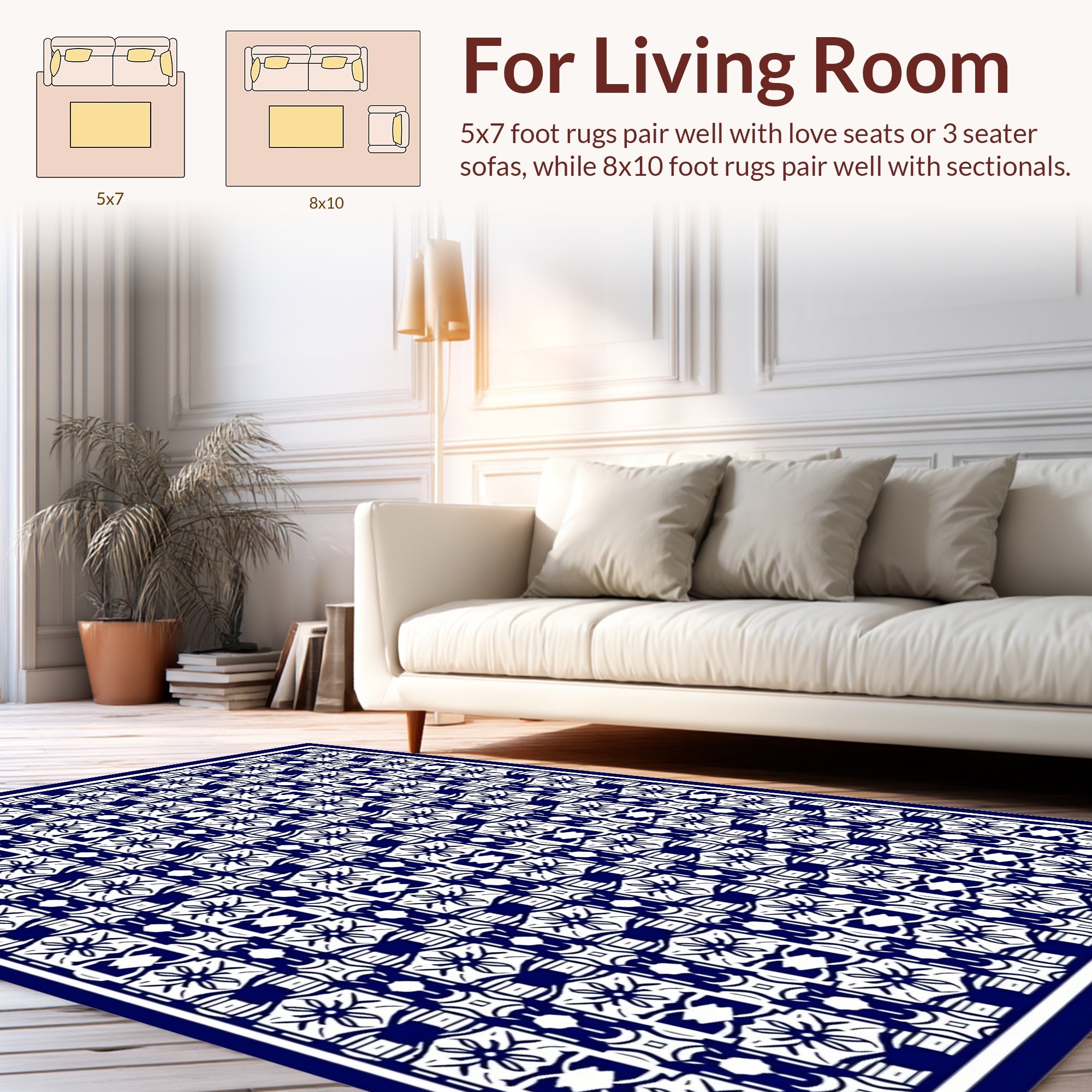 Classic Blue White Floral Pattern Rug