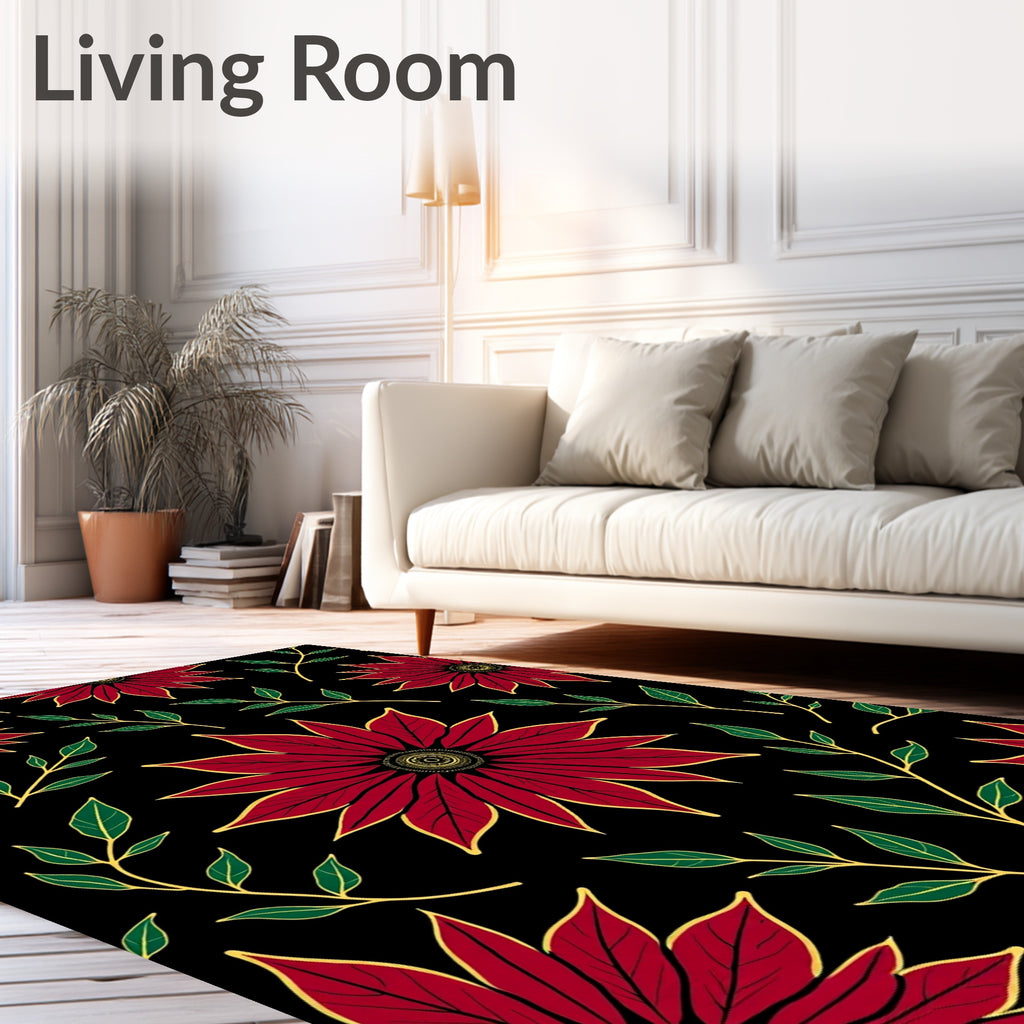 Bold Red Floral With Green Leaves Pattern Rug