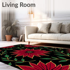 Bold Red Floral With Green Leaves Pattern Rug