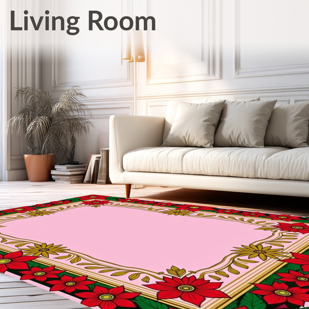 Vibrant Red Poinsettia Floral Border Rug