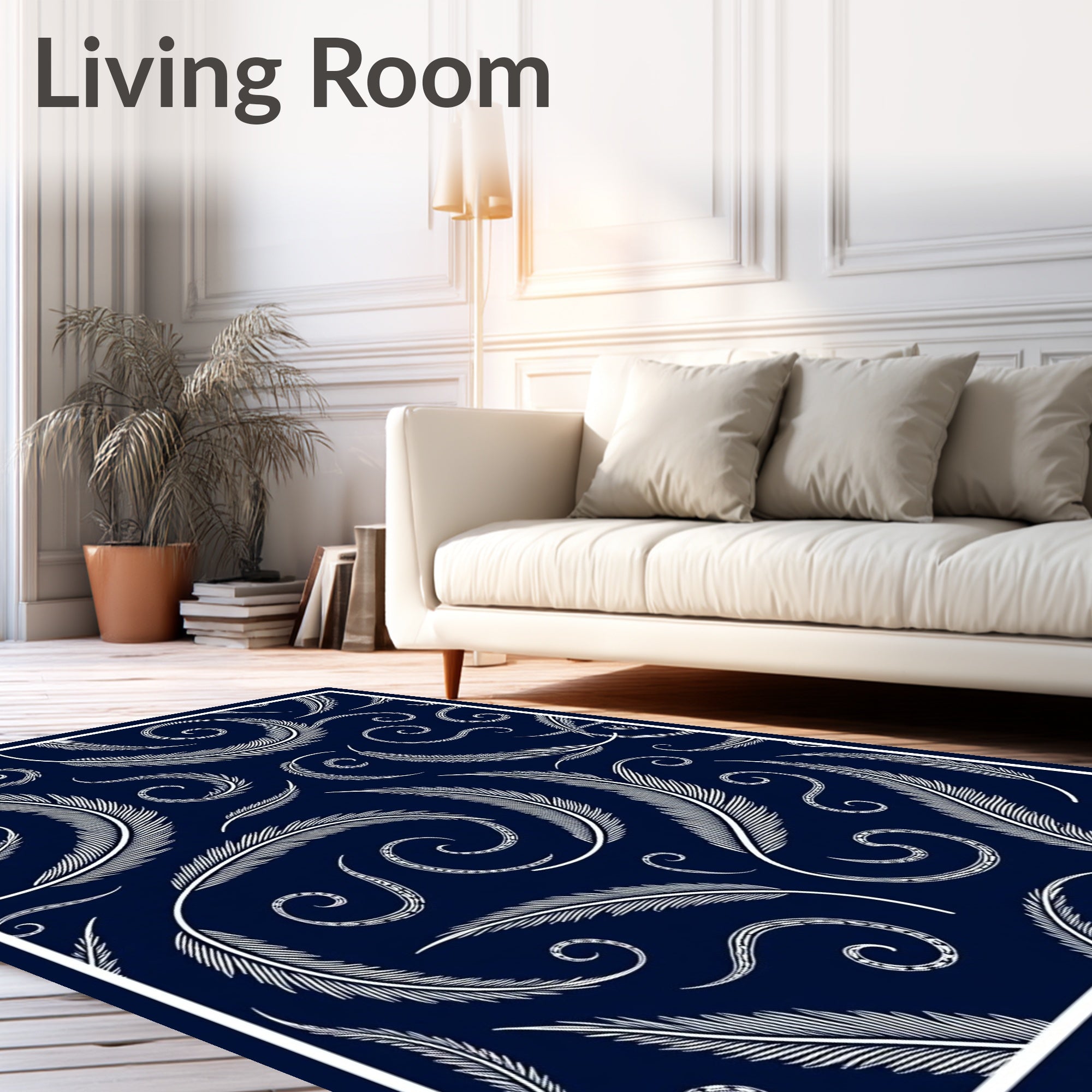 Dark Blue White Feather Swirl Pattern Rug
