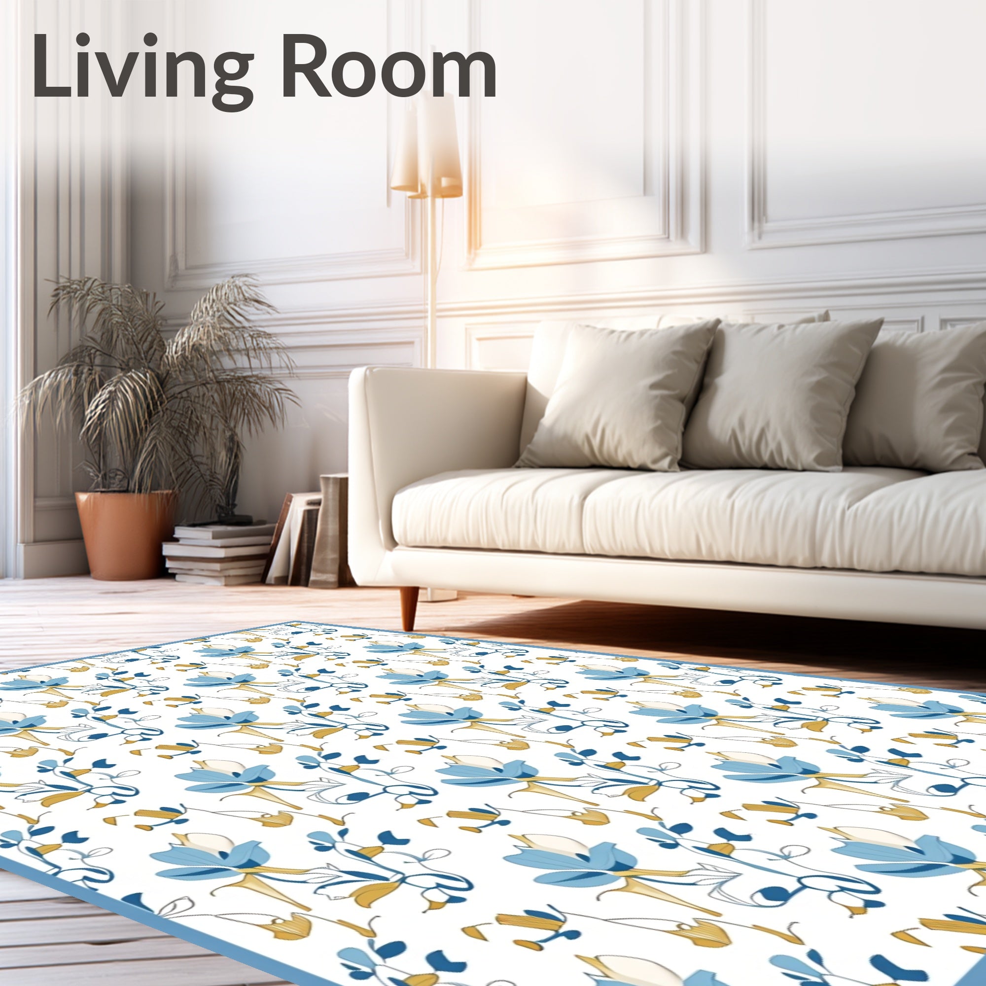 Blue Gold Floral Swirl Pattern Rug