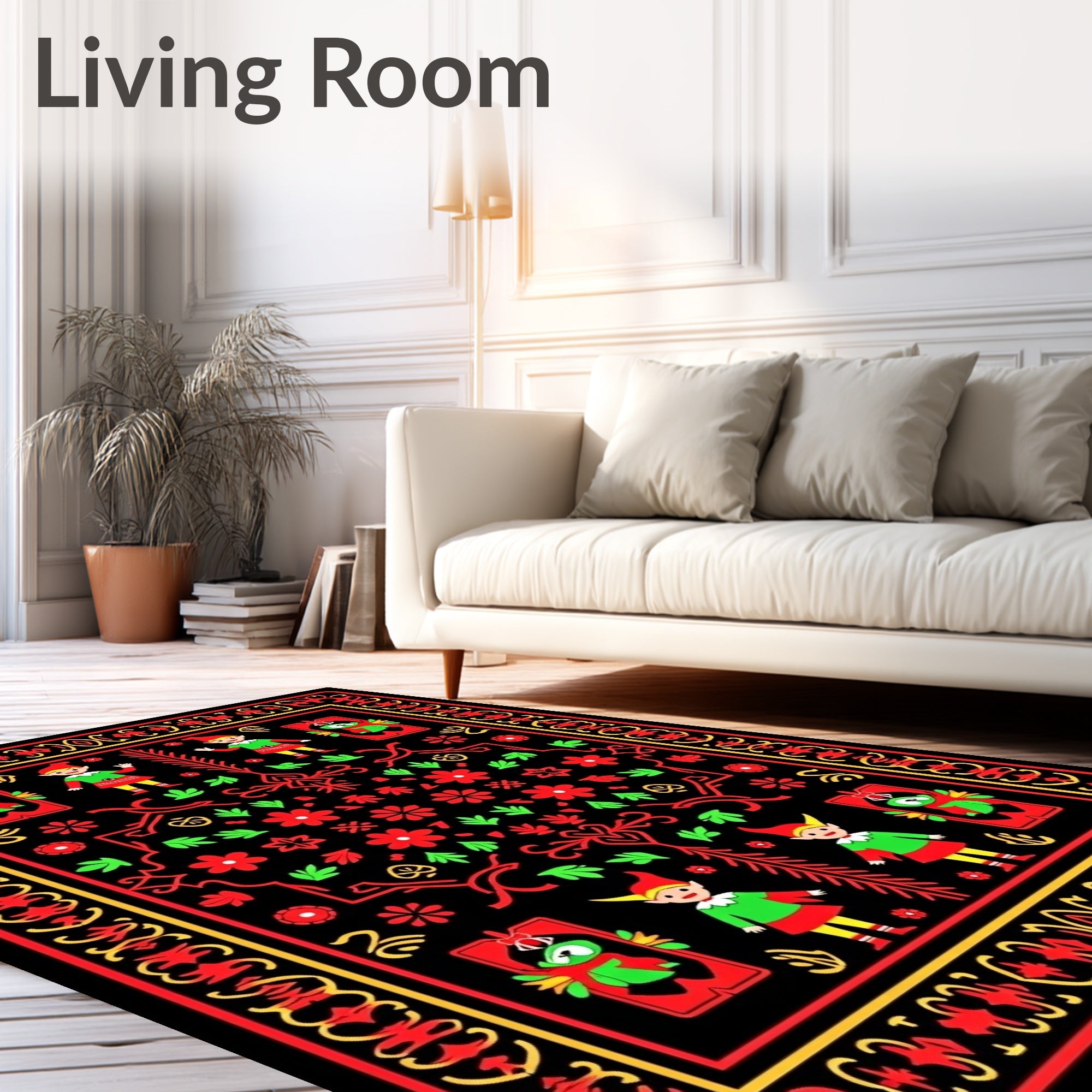 Red Black Elf Floral Border Rug