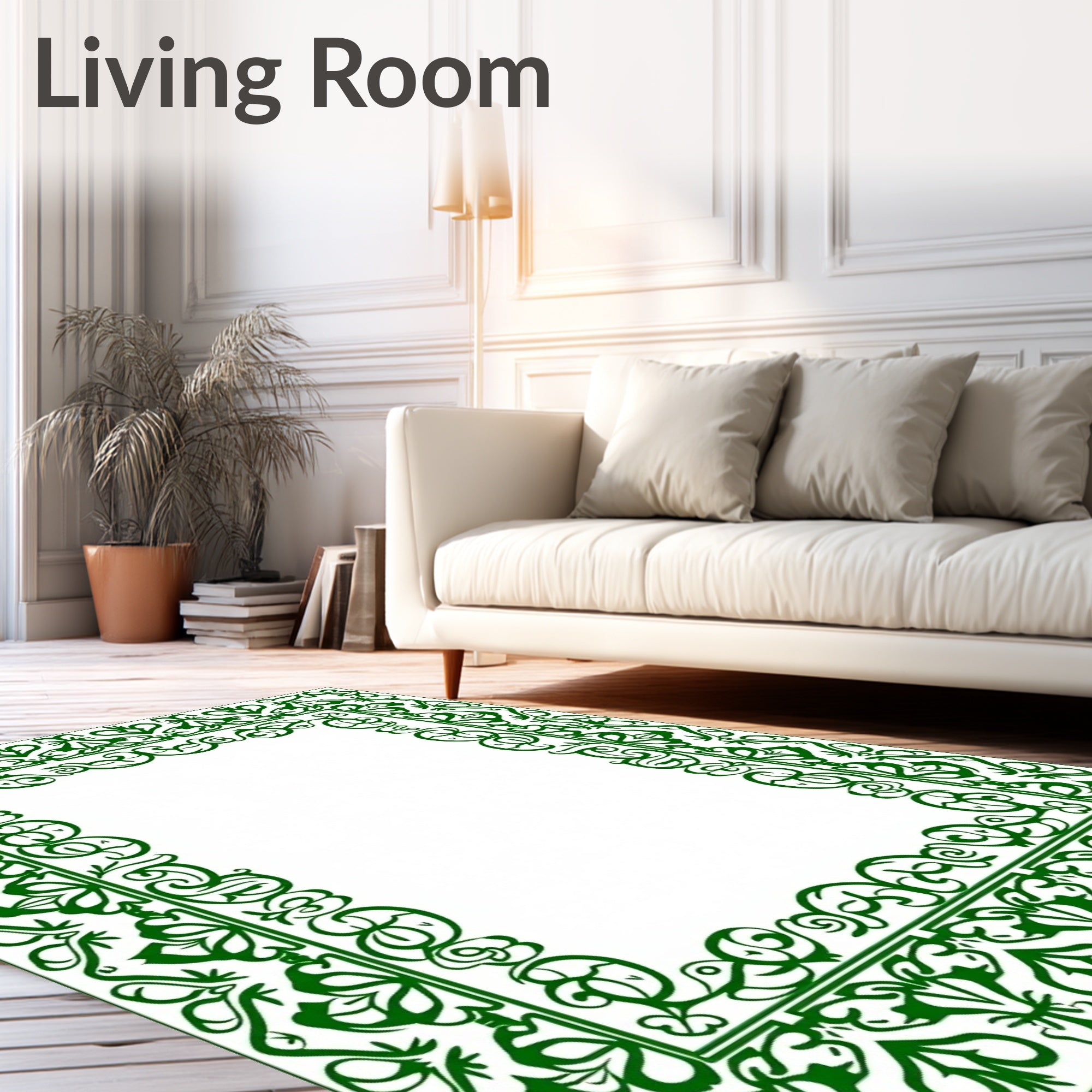 Ornate Green Leaf Scroll Border Rug