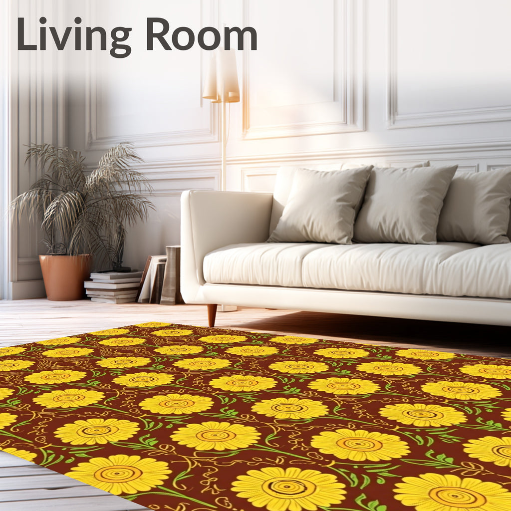 Whimsical Yellow Floral Line Art Rug