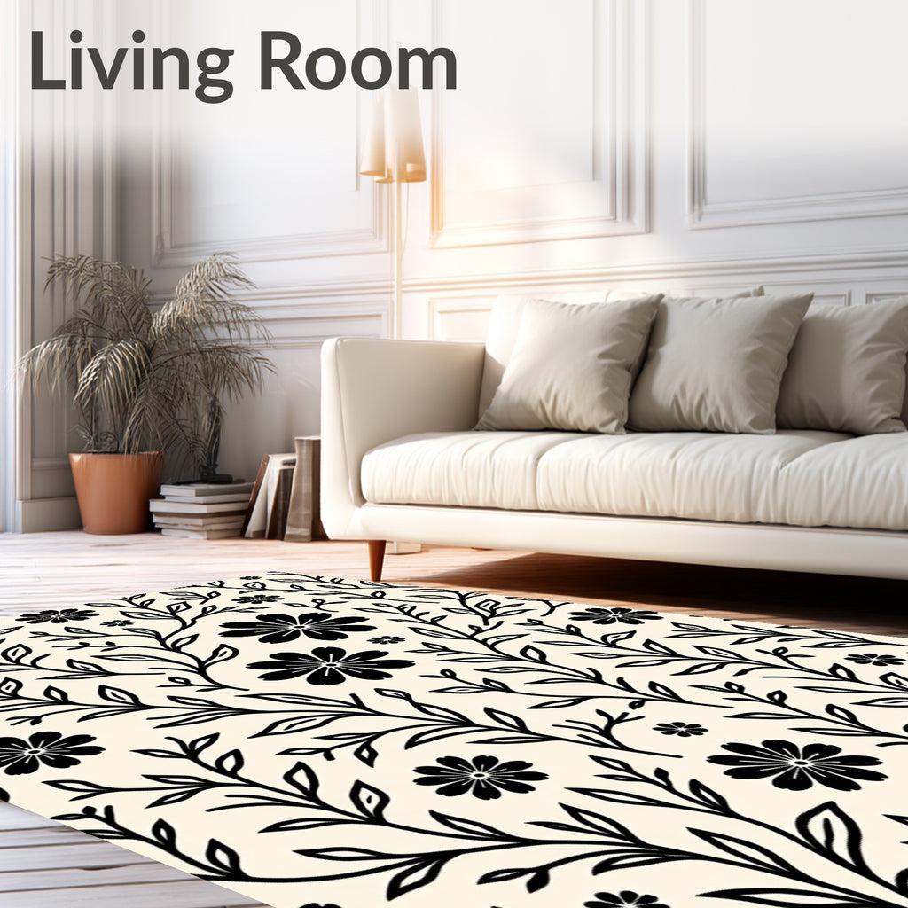 Black Floral Branch Pattern Rug