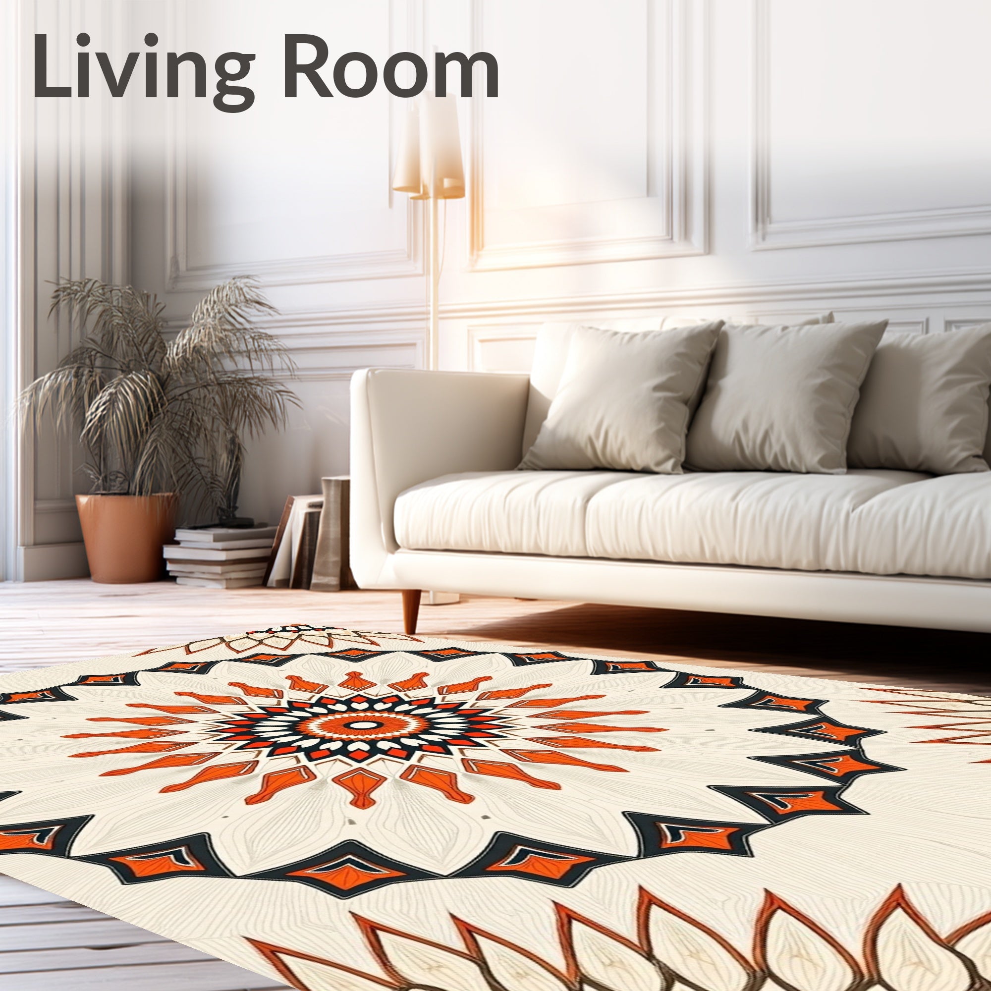 Orange White Black Geometric Mandala Rug