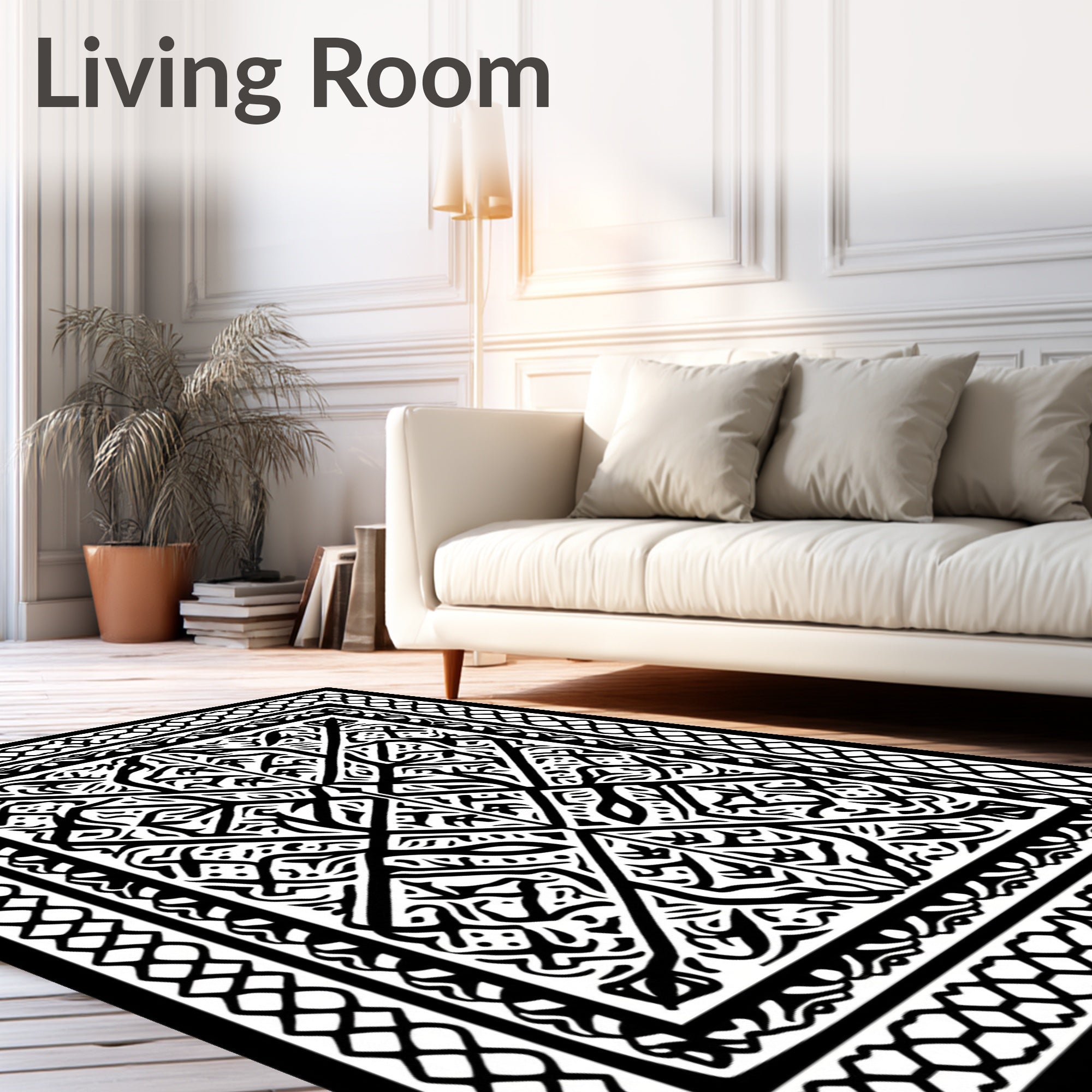 Intricate Black White Geometric Patterned Rug