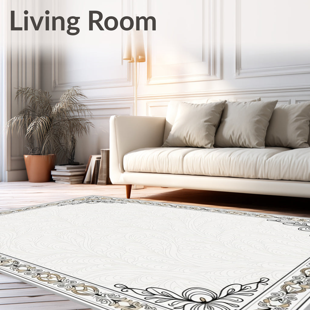 Elegant Light Beige Floral Scroll Border Rug