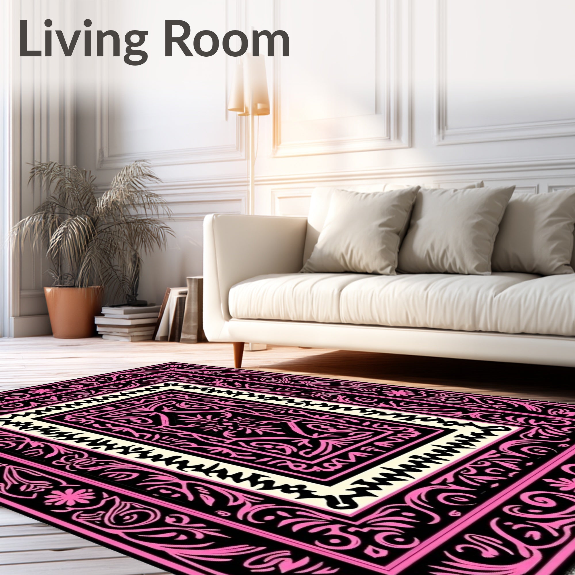 Pink Black Floral Medallion Frame Rug