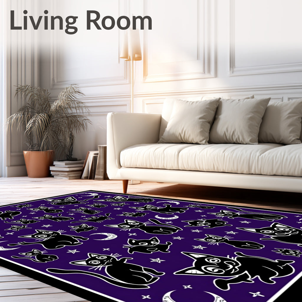Whimsical Black Cats Stars Design Rug
