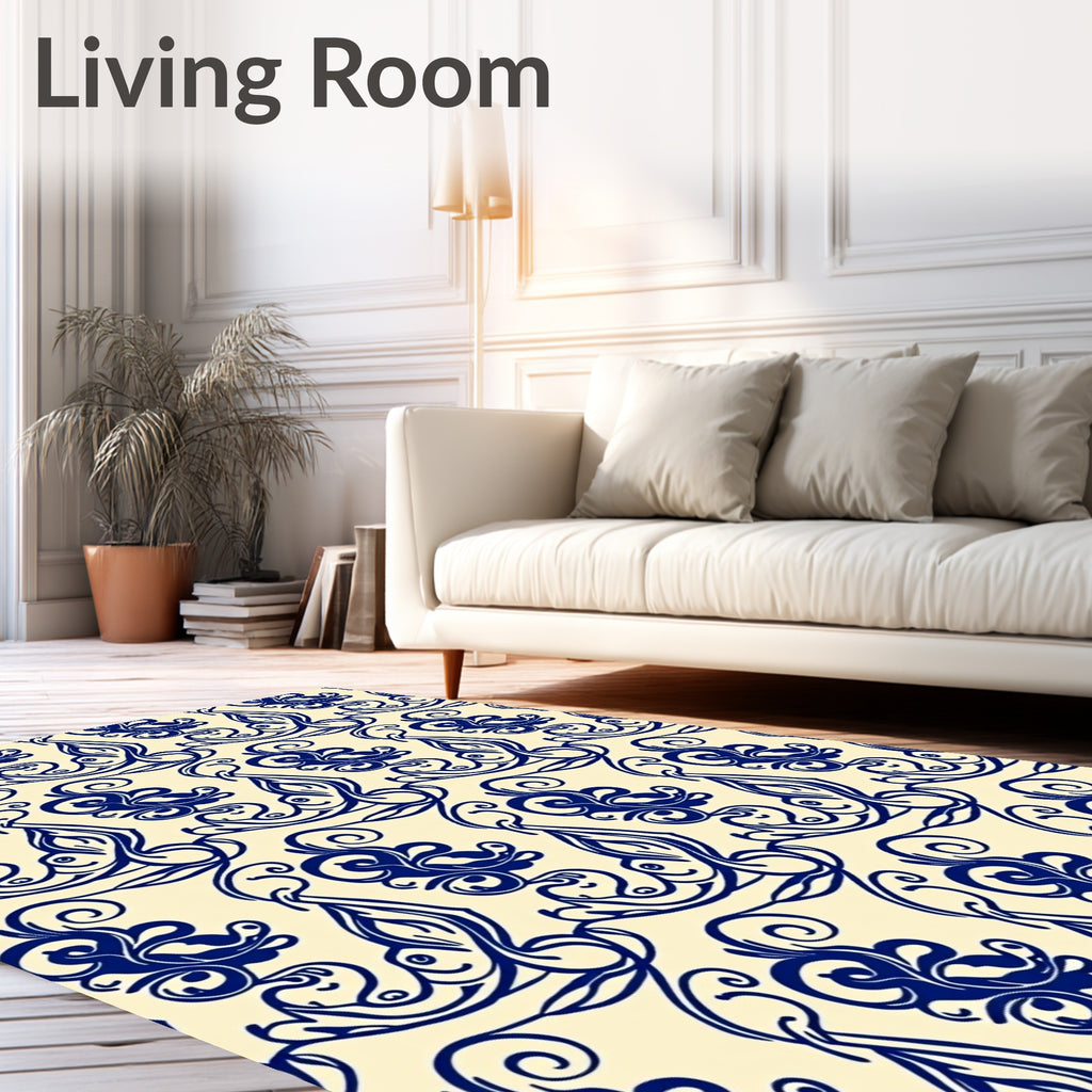 Classic Blue Swirl Botanical Pattern Rug