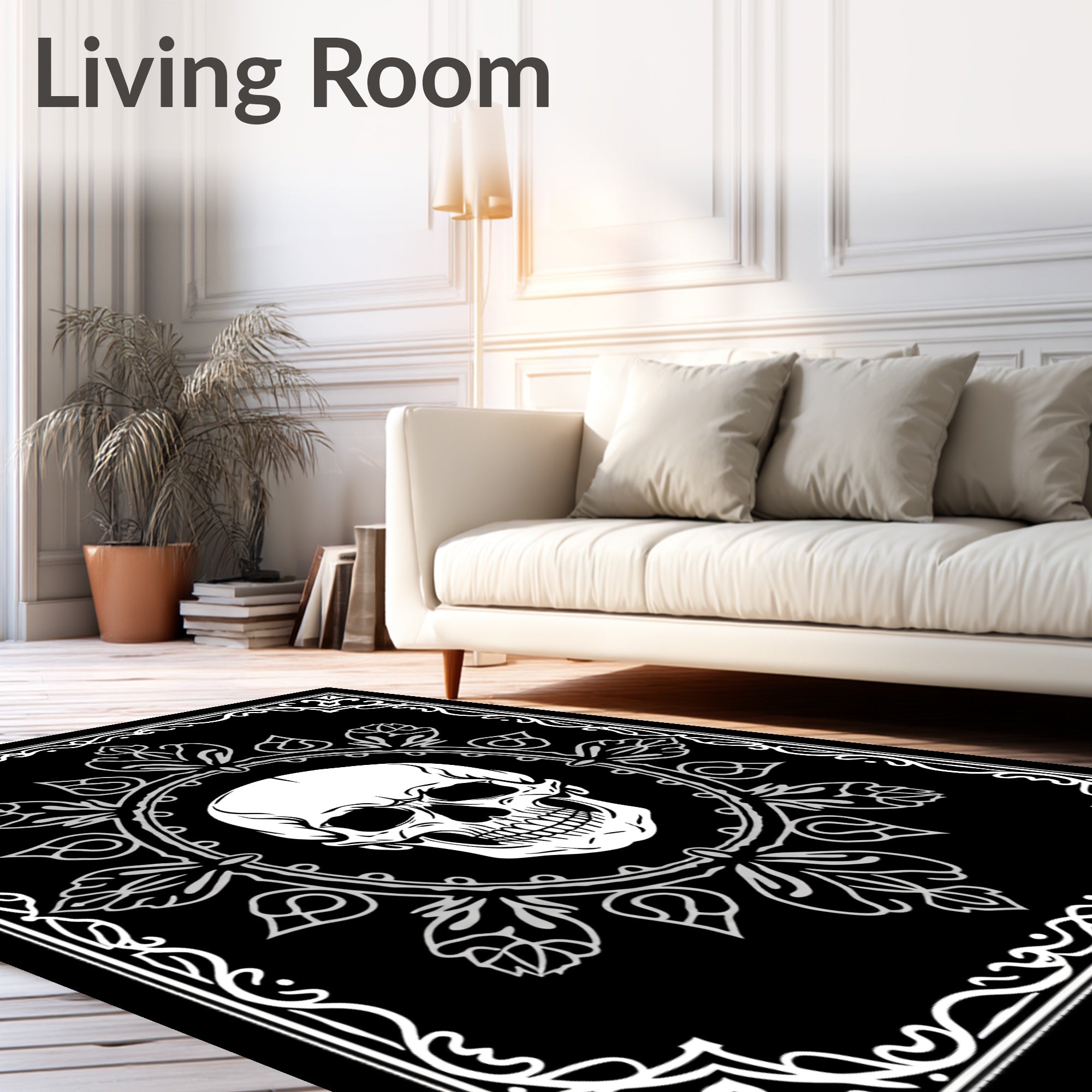 Monochromatic Skull Floral Frame Rug
