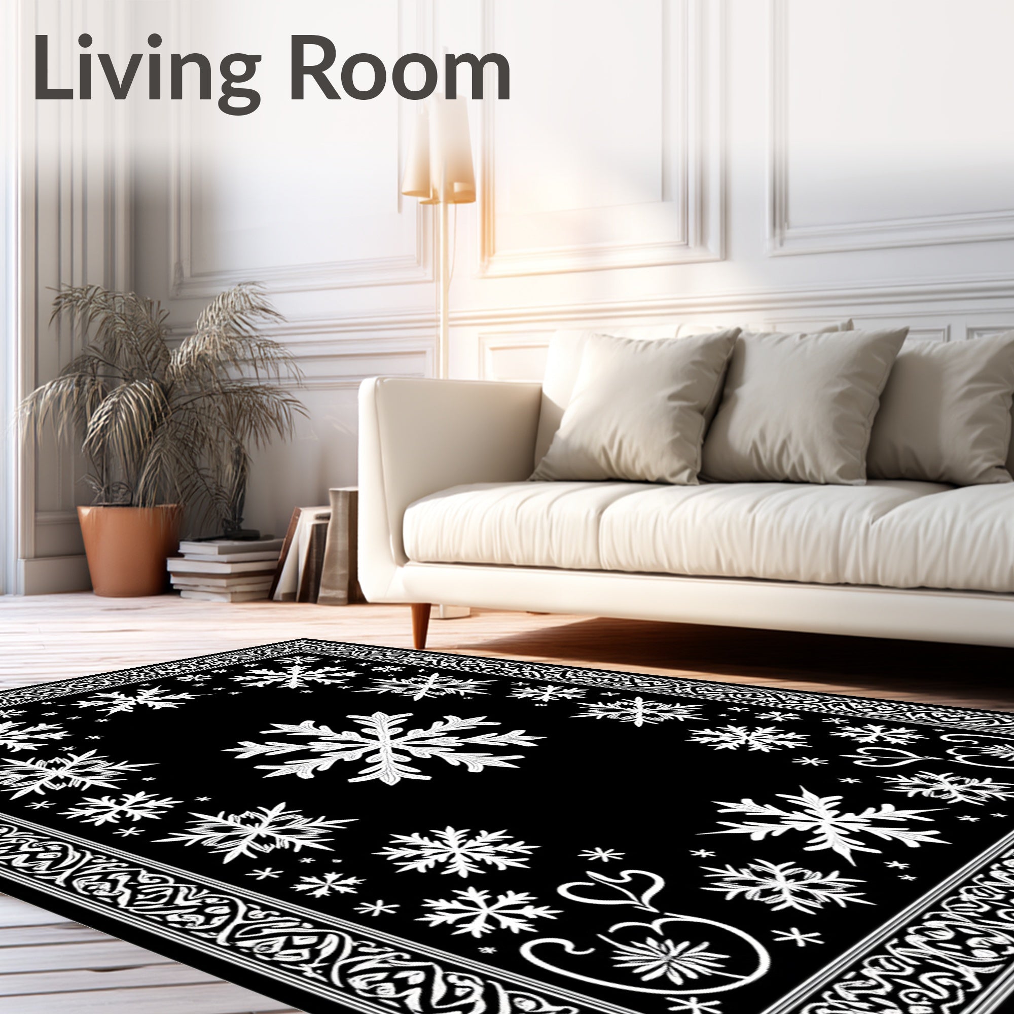 Black White Snowflake Intricate Border Rug