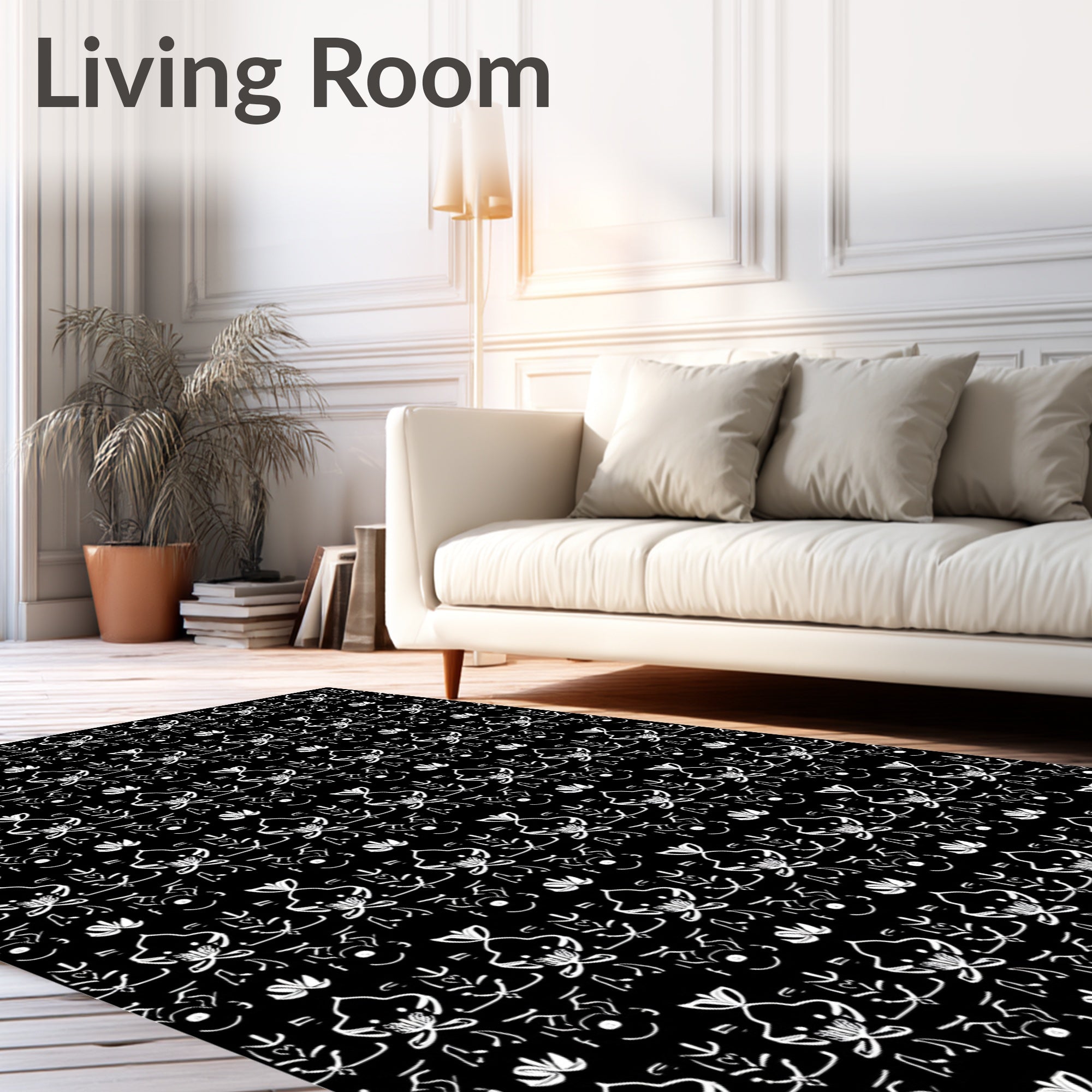 Chic White Florals On Black Background Rug